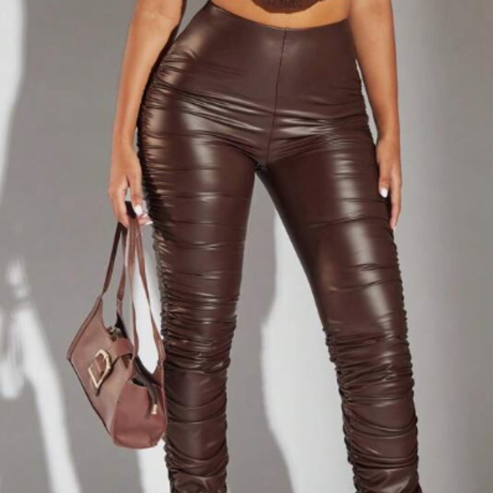 Ruched PU Leather Stacked Pants